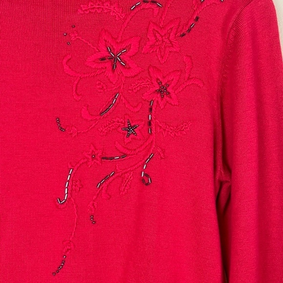 Crazy Horse Liz Claiborne Red Turtleneck Sweater Beaded Embroidered; Size M; EUC - Picture 2 of 7